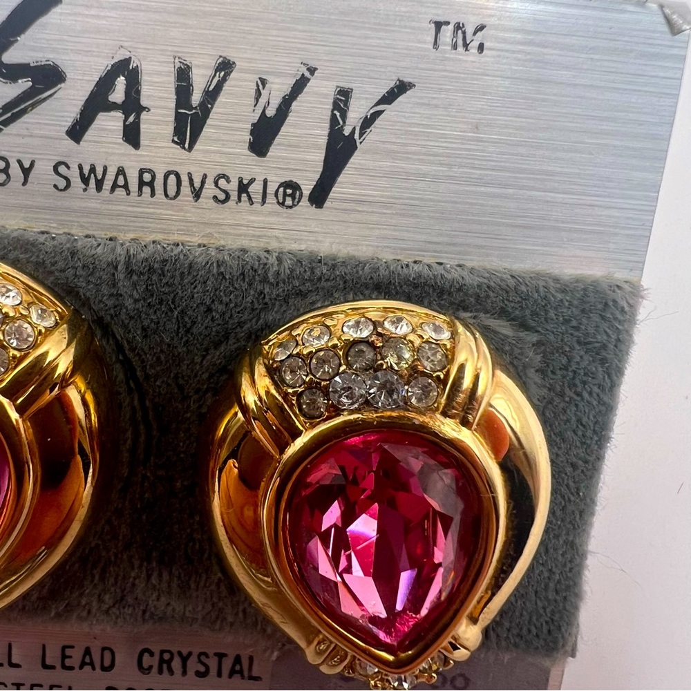 Vintage New Old Stock Savvy by Swarovski Chunky Gold Tone & Crystal Earrings - Picture 2 of 7